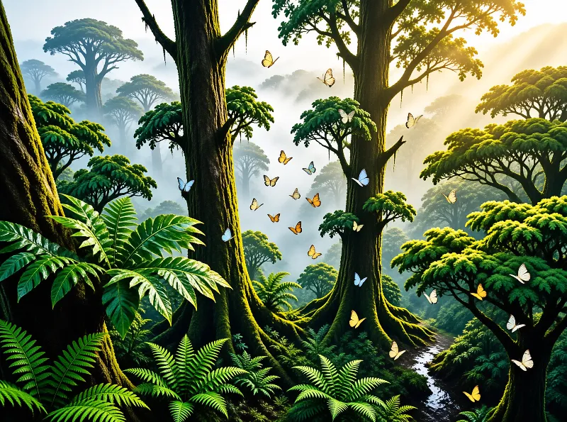 Golden light streams into a lush green forest where colorful butterflies drift between mossy trunks.