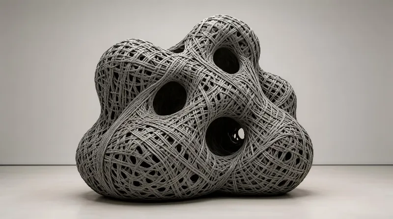 A large woven sculpture with an abstract interconnected form rests on a light-colored floor in a minimalist gallery with soft neutral lighting.