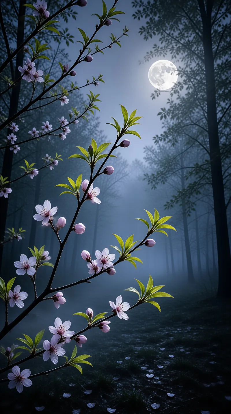 Pink flowering branch extends through a foggy blue forest at night with a bright full moon above.