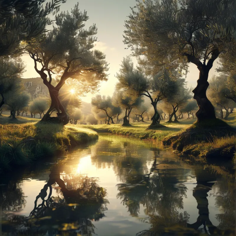 A tranquil grove of twisted olive trees stands on a grassy bank beside a reflective stream during golden hour.
