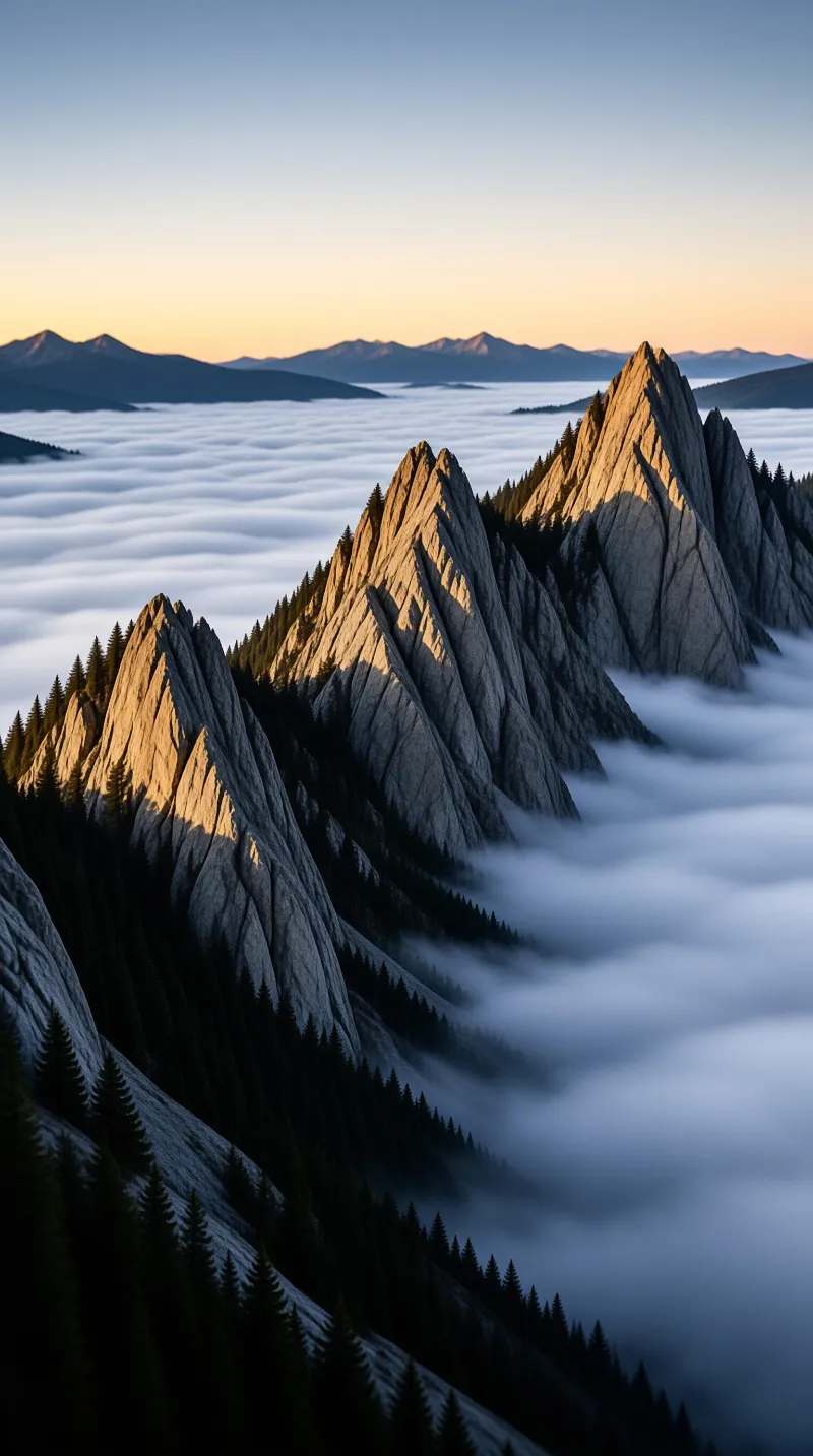 Golden sunlight illuminates steep rocky mountain ridges standing tall above a vast layer of white fog at dawn.