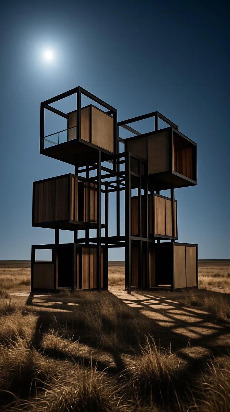 An asymmetric tower of wooden rooms on a steel frame stands in a dry field under a bright sky.
