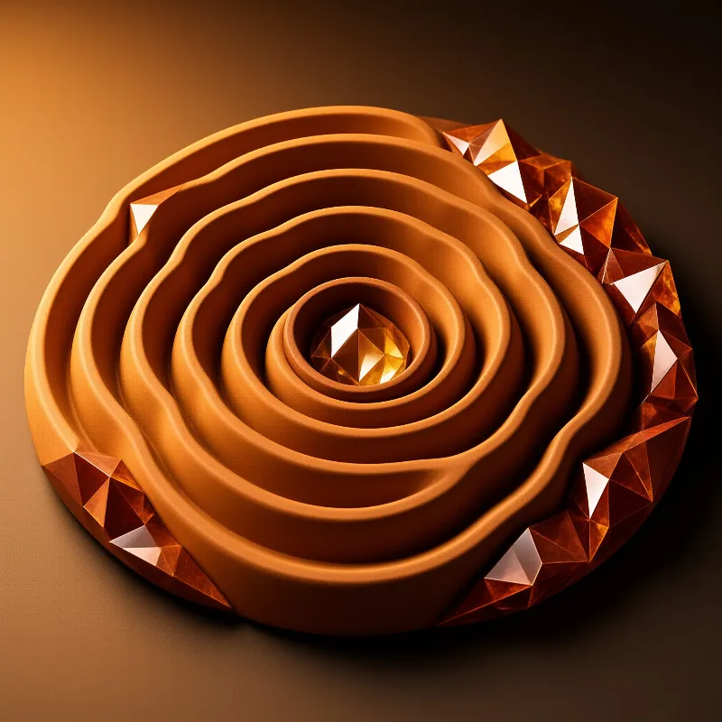 A layered amber spiral with faceted crystals along its rim and a central gem set against a warm gradient background.