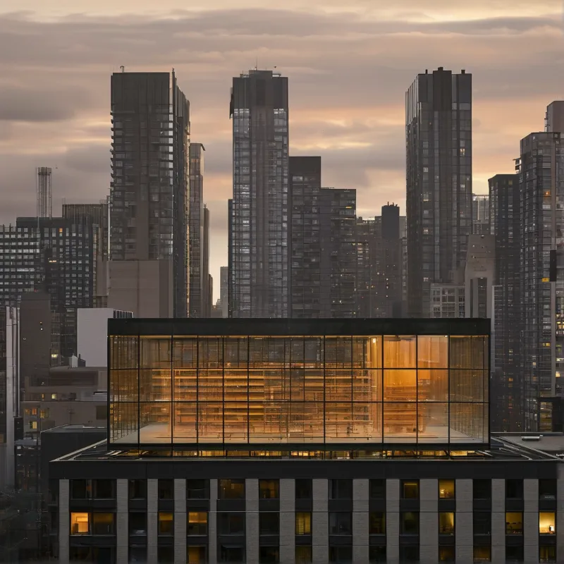 A brightly lit glass box rests atop a building amidst a cluster of dark skyscrapers under a hazy sunset sky.