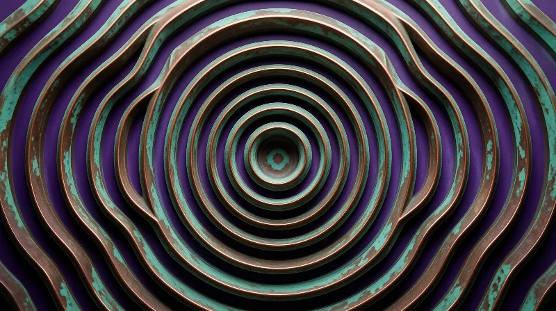 Concentric waves of weathered copper and verdigris spiral inward against a deep purple backdrop like a metal maze