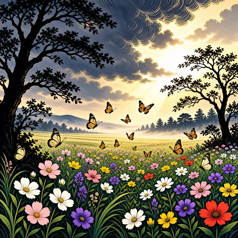 Monarch and swallowtail butterflies flutter over a colorful wildflower meadow in golden sunlight framed by dark trees.