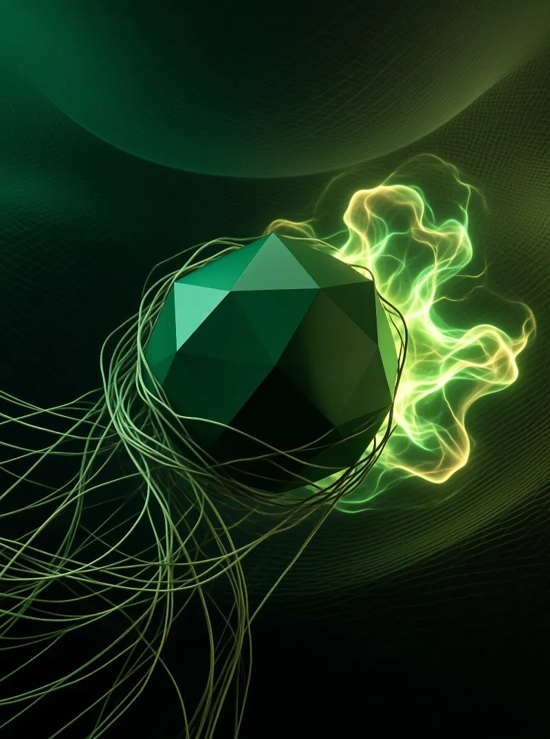 A faceted emerald gemstone emits luminous green and yellow energy trails against a dark green textured background