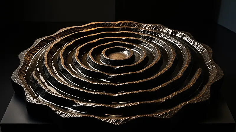 A spiral structure with layered rings sits on a black surface, showing reflective interiors and rough metallic edges.