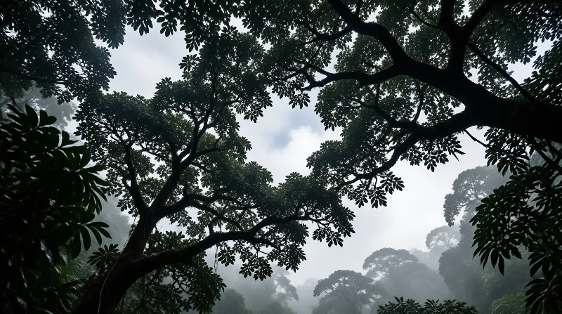Looking up through dark silhouetted leaves reveals distant mountains shrouded in white mist under a cloudy sky.