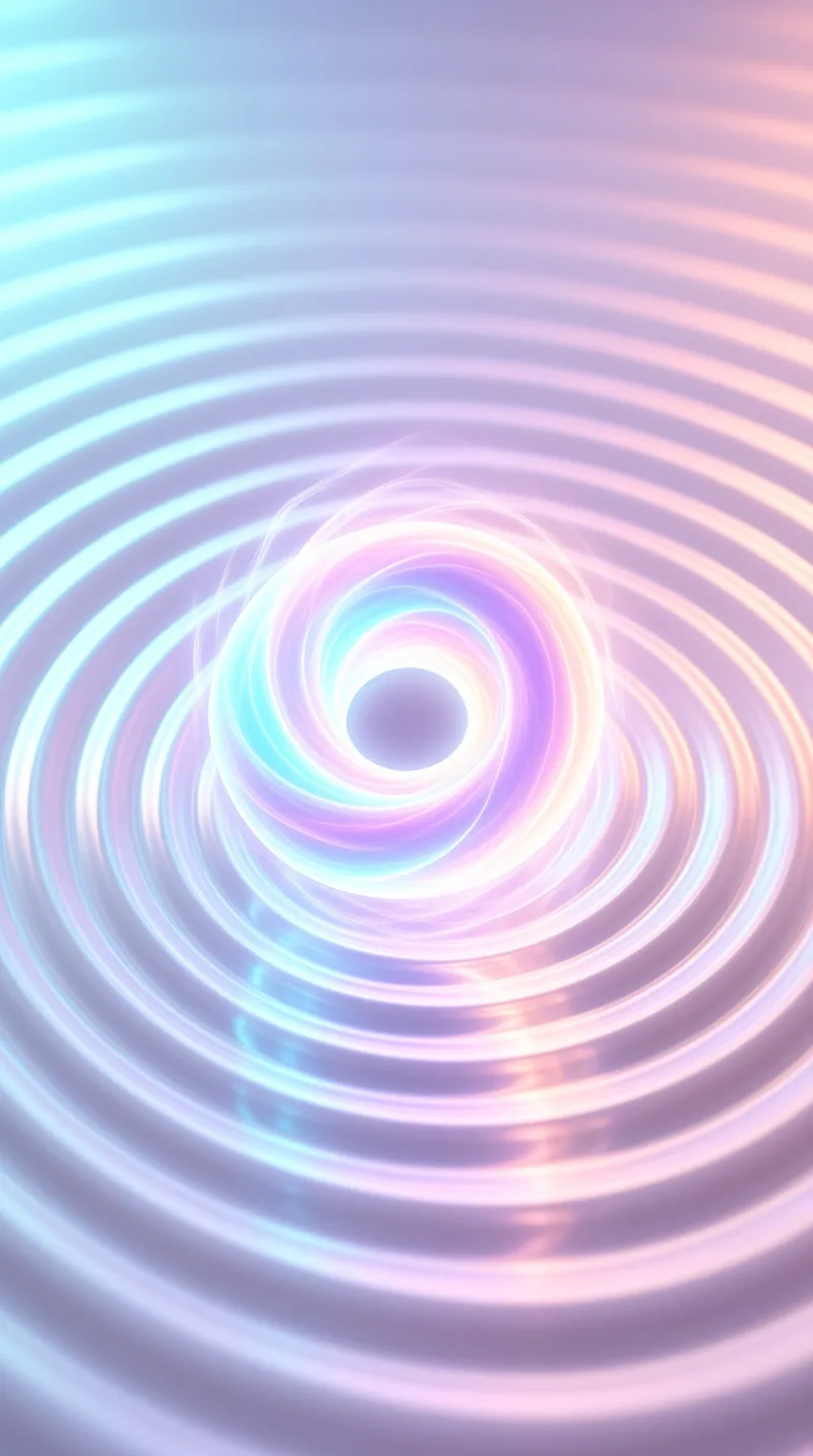 Concentric rings of glowing pastel light curve toward a dark center against a background of blue and pink hues