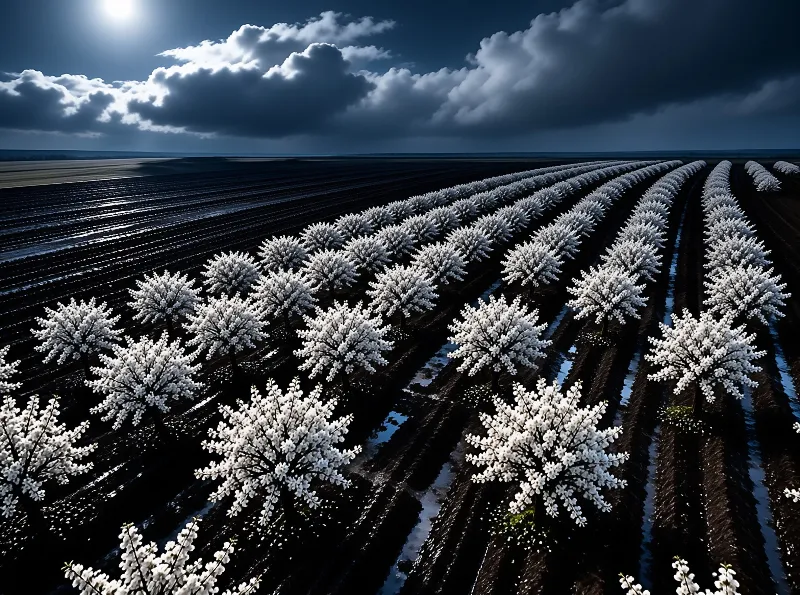 Rows of white blossoms in dark soil furrows stretch to a horizon under a dramatic sky with bright sun and dark clouds.