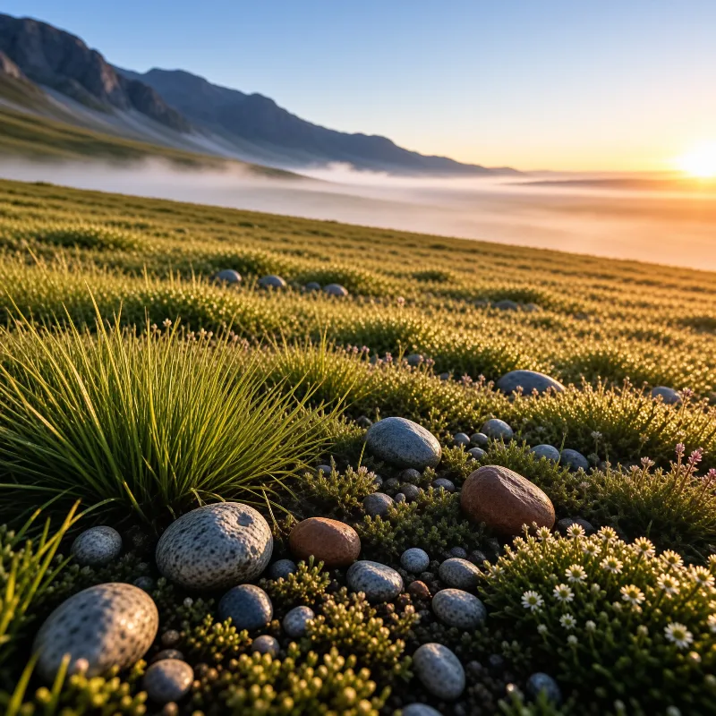 Smooth pebbles sit in grass and small white flowers on a sunlit slope, with valley mist below distant mountains at dawn.