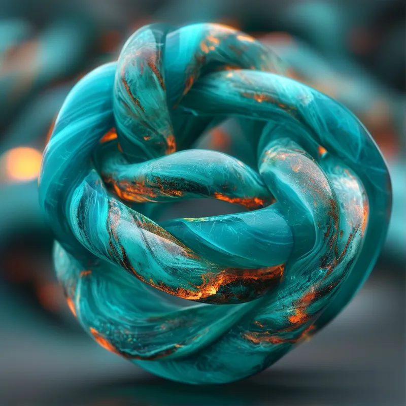 A glossy teal knot sculpture featuring swirling orange patterns rests isolated within a soft blurred field.