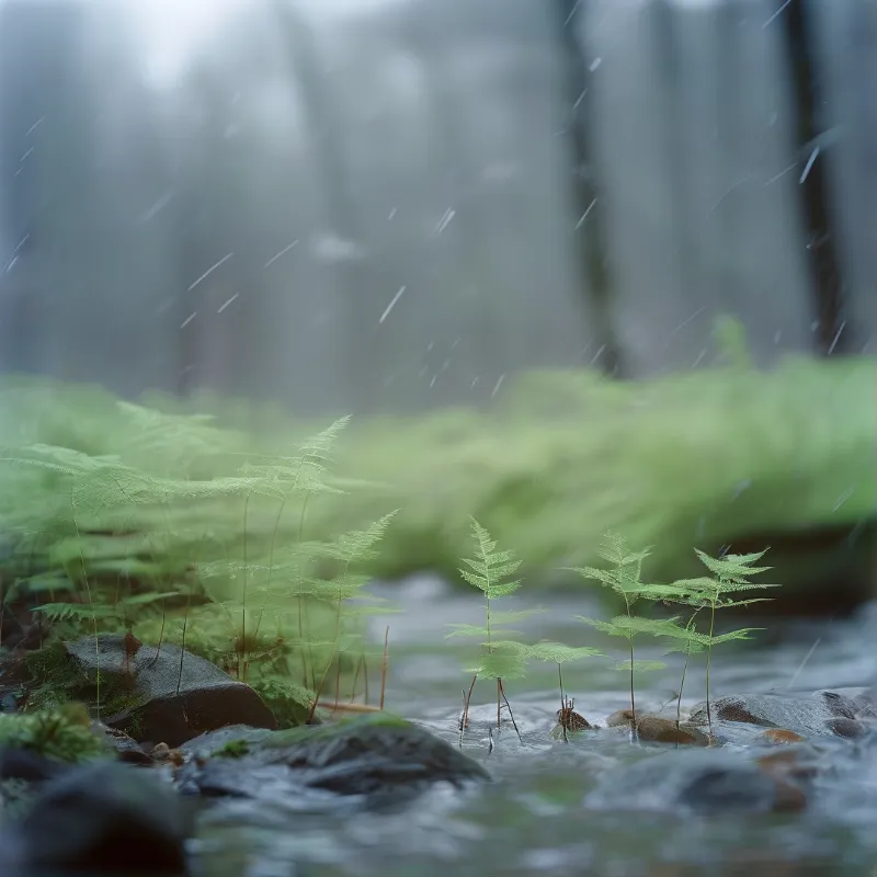 Tiny ferns sprout from a rocky stream bed inside a foggy forest while light rain falls softly around them.