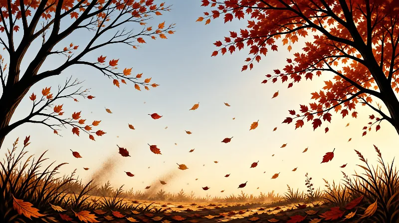 Two trees with red leaves frame the scene while orange leaves drift down toward a misty field lit by warm golden light.