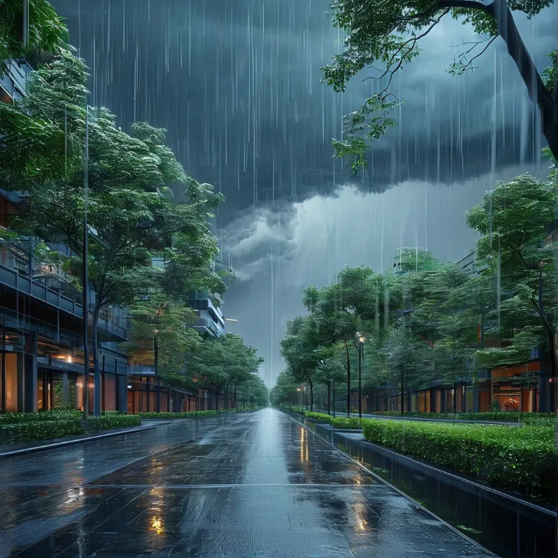 Heavy rain streaks down an empty city avenue, its wet pavement mirroring warm shopfront lamps and green canopies.