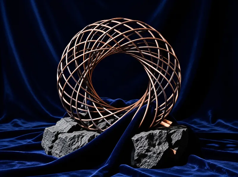 A highlighted copper wire sphere rests on rough grey stones draped with deep blue velvet fabric.