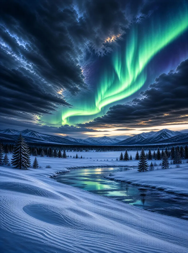 Northern Lights Over Snowy Valley