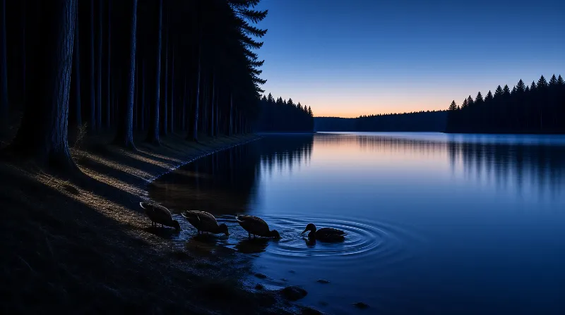 Four ducks drift on the tranquil surface of a forest lake while the sky glows with the last light of sunset.