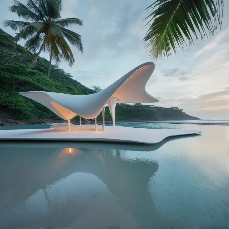 A sleek white structure stands on stilts above calm water surrounded by green hills and palm trees under a twilight sky.