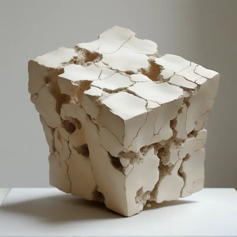 A textured white chalk cube sits on a plain surface, showing deep fractures and rough beige interiors in soft light.