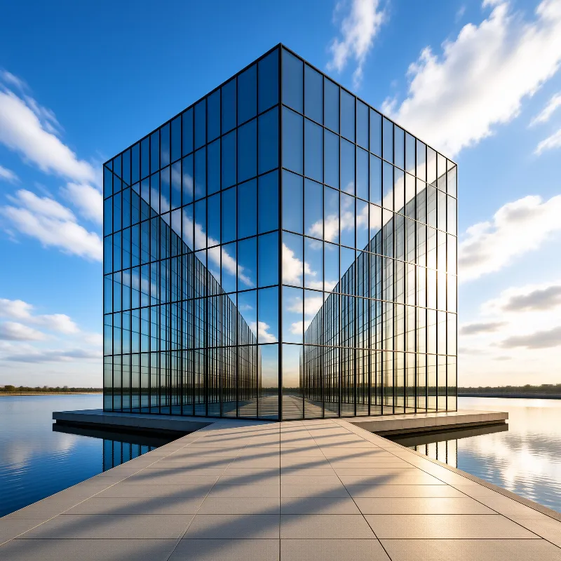 A glass cube with black framing sits on a platform over calm water connected by a walkway under a bright blue sky.