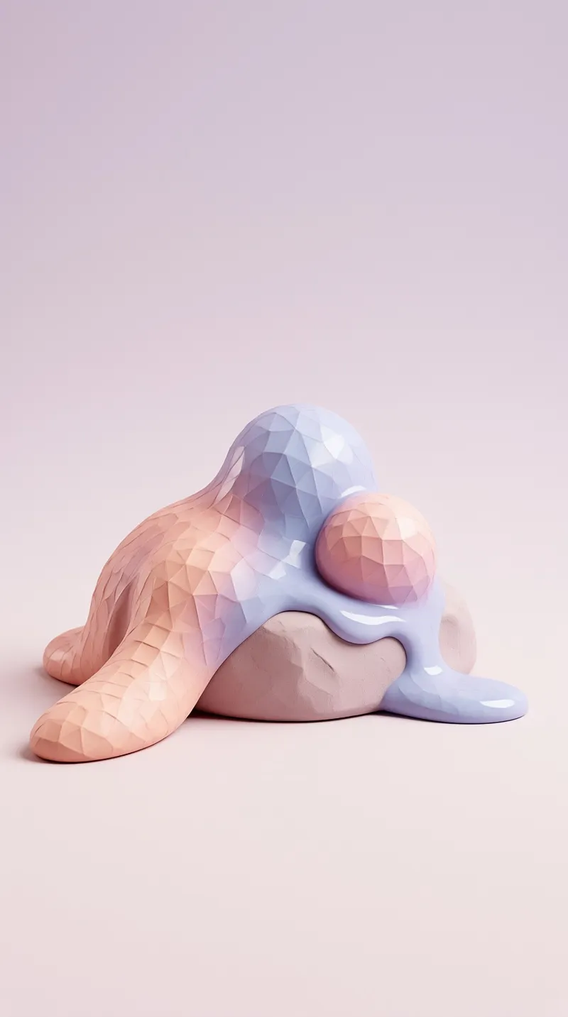 A pastel low-poly object rests on a seamless surface with soft highlights reflecting off its faceted geometric surface.