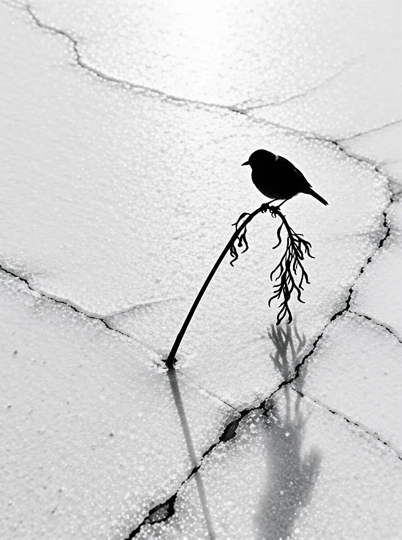 A dark bird rests on a curved twig emerging from a bright frozen landscape fractured by large ice plates.