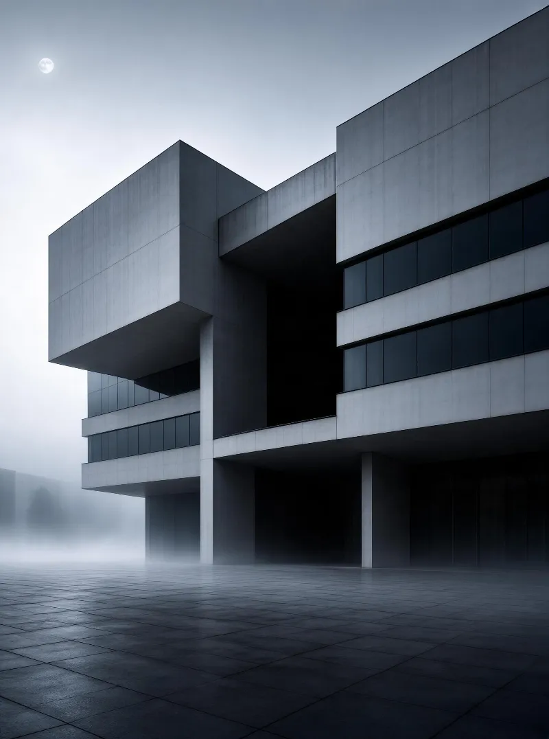 Modern Concrete Building in Fog and Moon