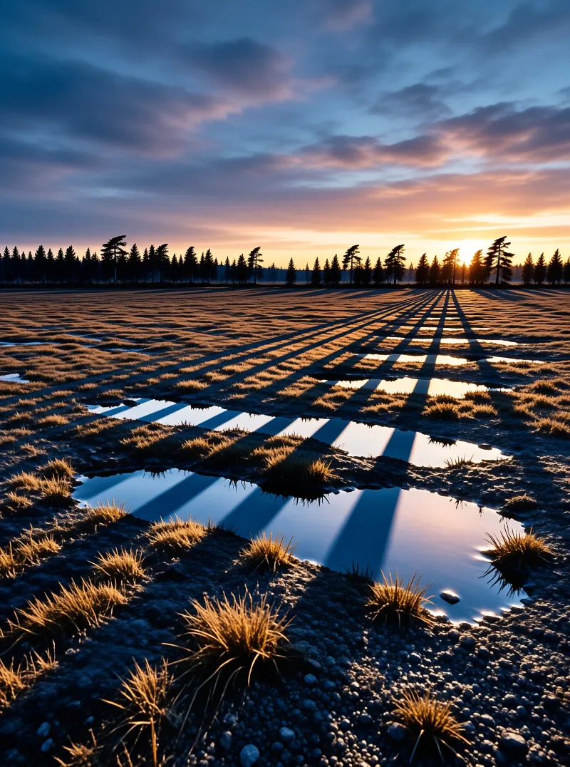 Sunlight creates long dark shadows across a grassy field of puddles reflecting the colorful sky.