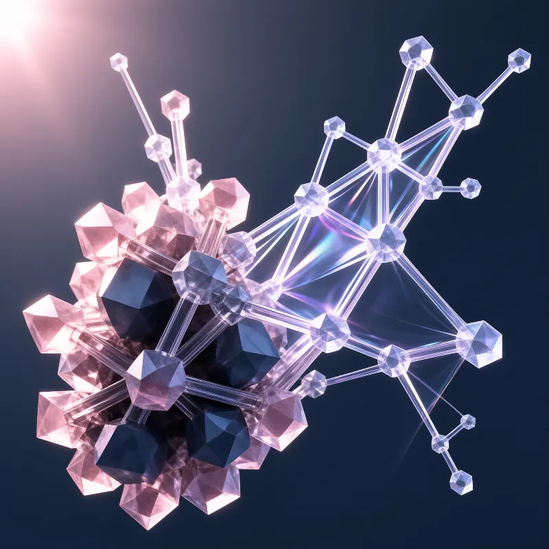 Faceted geometric shapes connected by luminous rods float in a dark space illuminated by a pink light source.