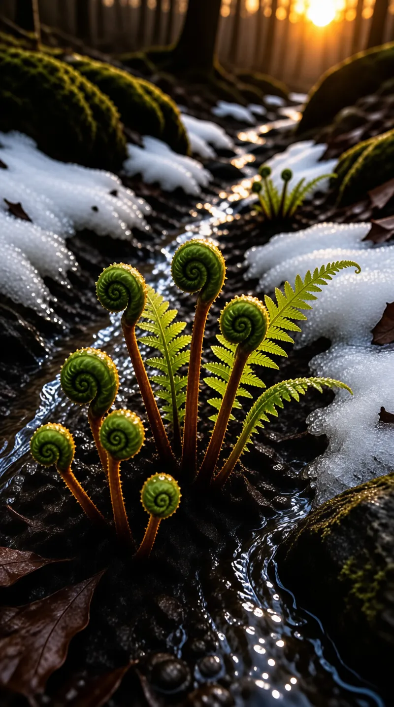 Green fern fiddleheads curled in spirals rise from wet dark rocks near melting snow and a stream lit by golden sunset light.