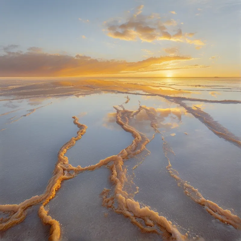Wide view of cracked ground and water reflecting golden clouds and sunlight along the distant horizon.