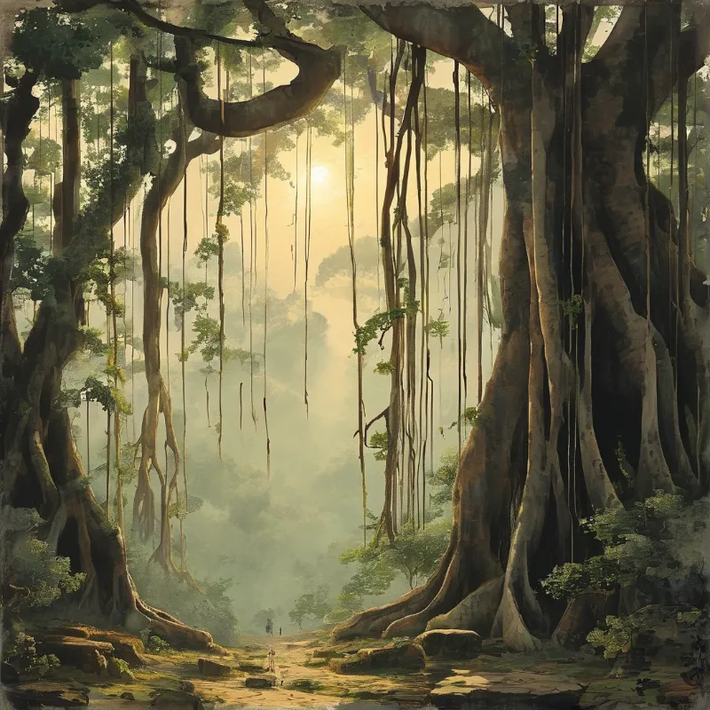 Large forest trees with thick roots and vines hang over a misty path lit by sunlight filtering through the canopy above.