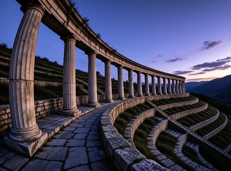 A long row of ancient columns curves along a terraced hillside under a deep blue evening sky
