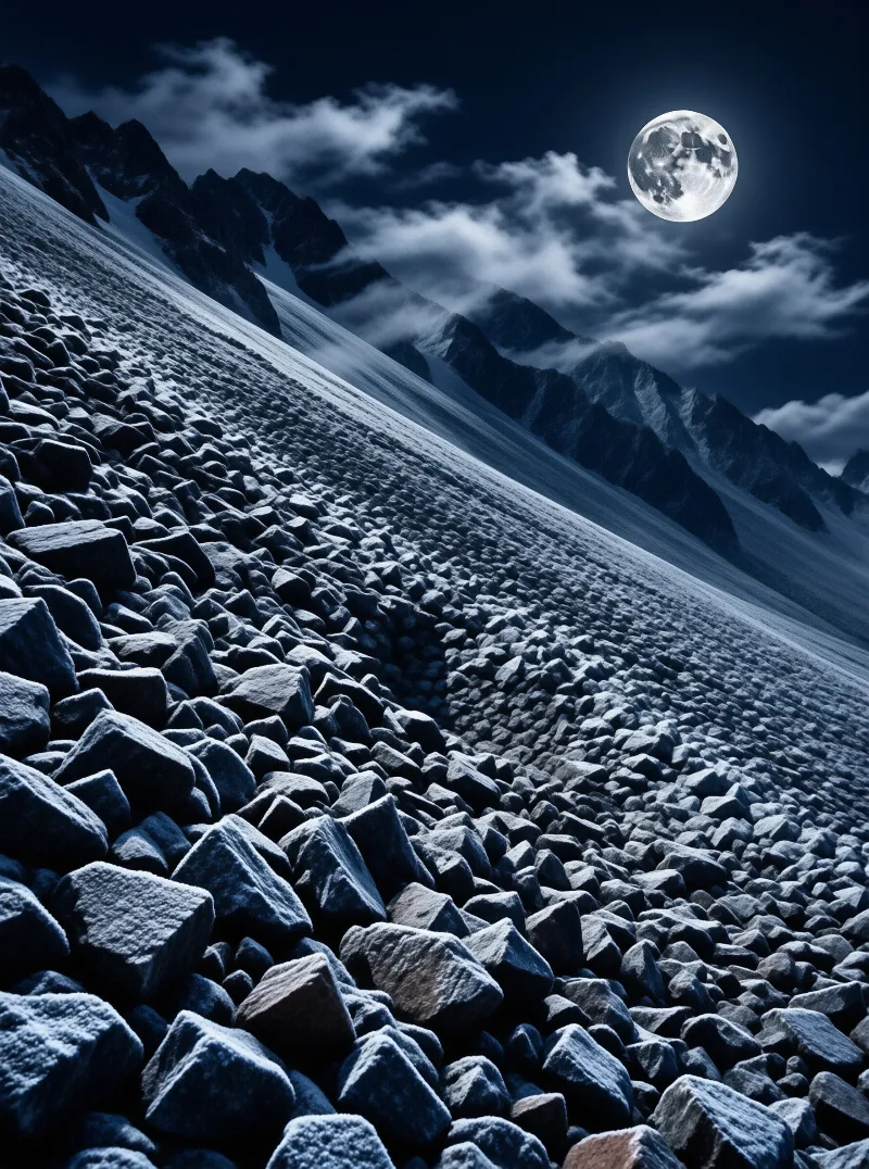 A steep slope covered in loose rocks rises beneath a cloudy night sky with a full moon.