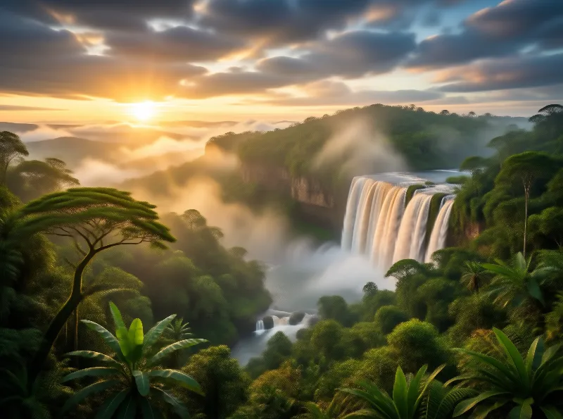 Tropical Waterfall at Sunset