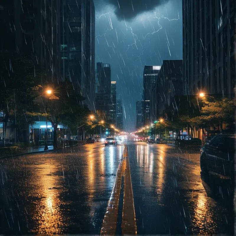 Wet asphalt reflects orange streetlights while jagged lightning splits the dark sky above a rainy avenue.