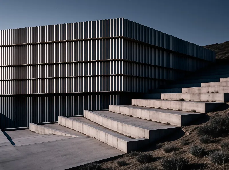 A dark building clad in dense vertical slats rises above broad concrete steps set into an arid hillside at dusk