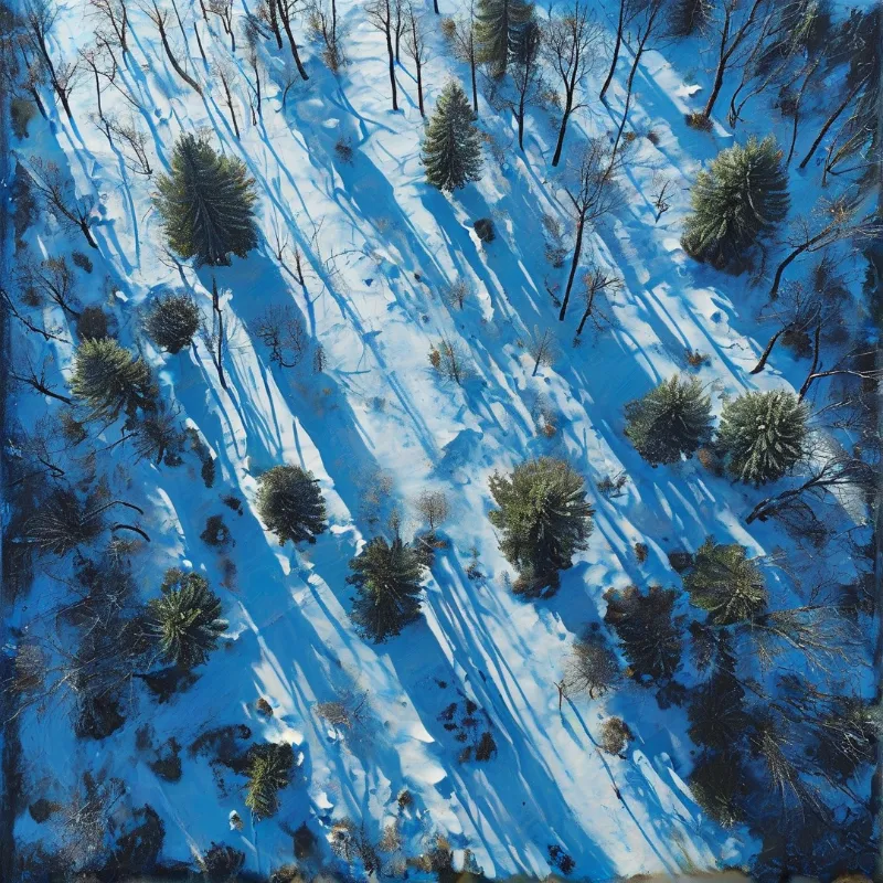 Aerial view of trees on a snow-covered slope with deep blue shadows stretching diagonally.