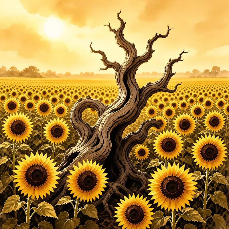 A twisted bare tree stands amid a vast field of yellow sunflowers under a warm golden sky with the sun visible.