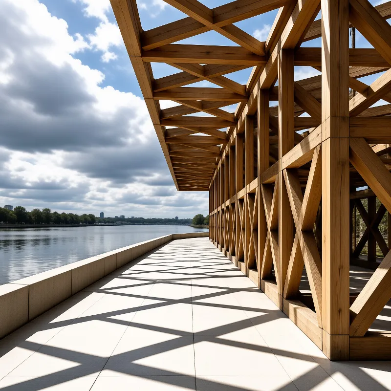Sunlight filters through a wooden lattice frame casting complex shadows on the riverside path.