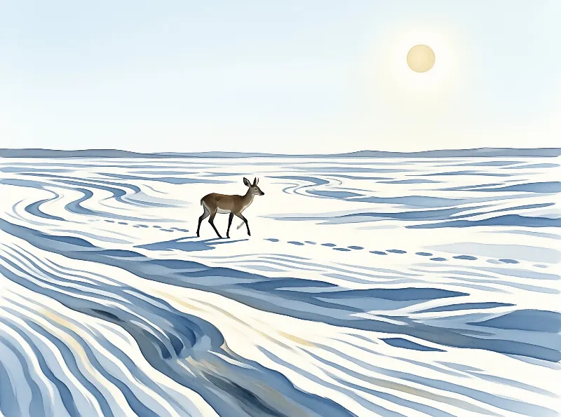 A small antlered brown deer walks across rippled white salt flat, leaving dotted footprints under a faint pale sun.