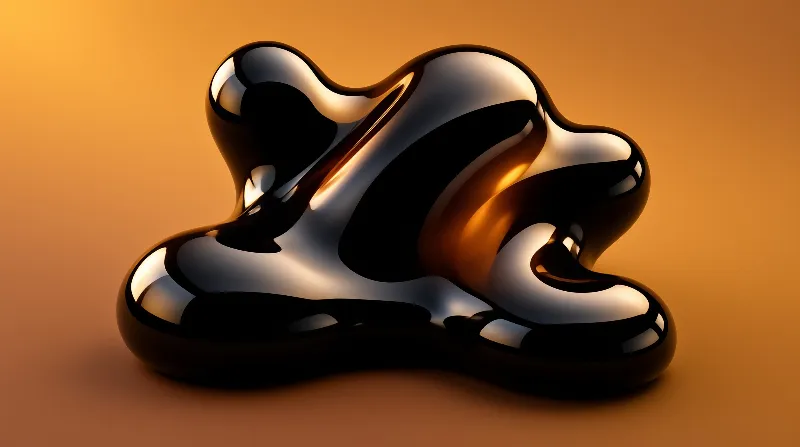 A glossy black amorphous shape rests on an orange surface, displaying sharp white reflections and smooth curves.