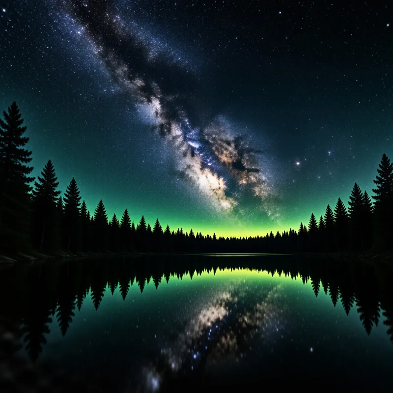 A starry night sky with the Milky Way and a green horizon glow reflected perfectly in calm water.