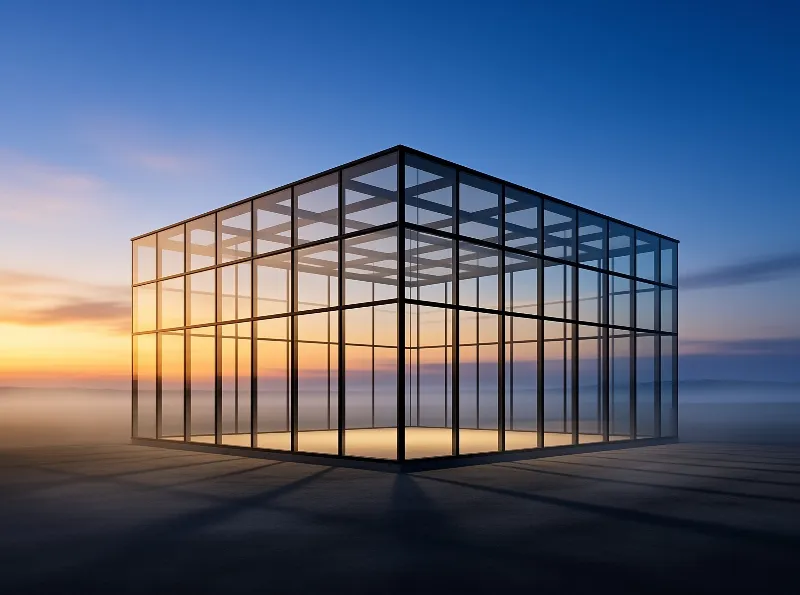 A grid framed glass cube rests on misty ground reflecting the gradient twilight sky colors.