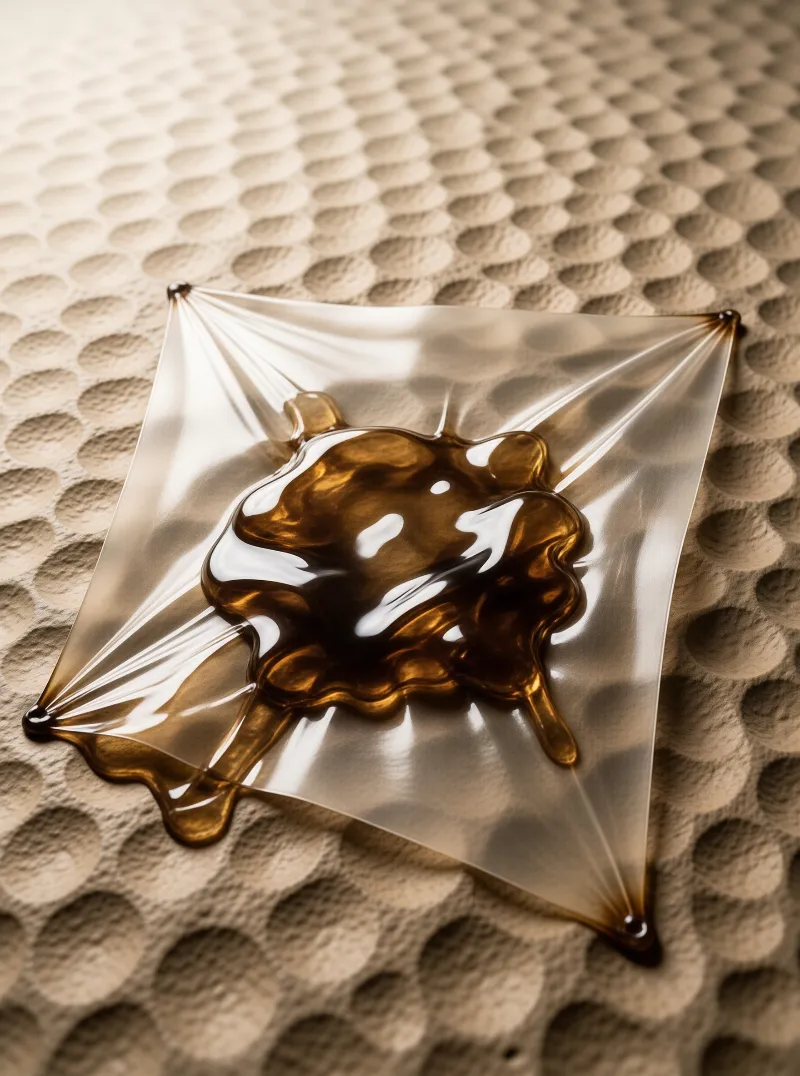 A glossy amber puddle spreads across a taut transparent sheet pinned over a dimpled tan surface.