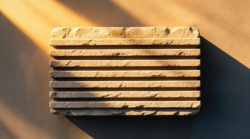 Stacked bands of rough cut pale stone throw narrow shadows across a warm plaster wall lit by an angled afternoon beam.