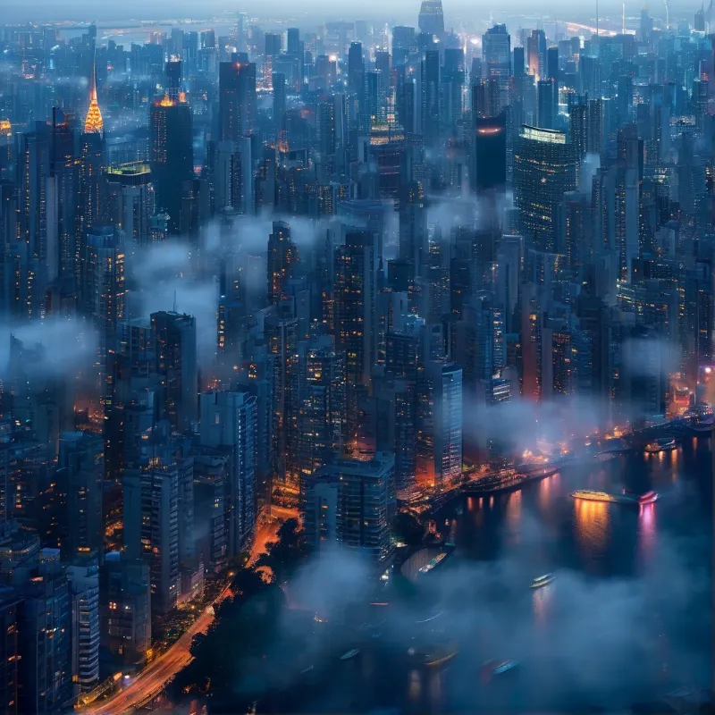 Tall urban towers stand above drifting fog while street lights reflect on the dark water in the foreground.