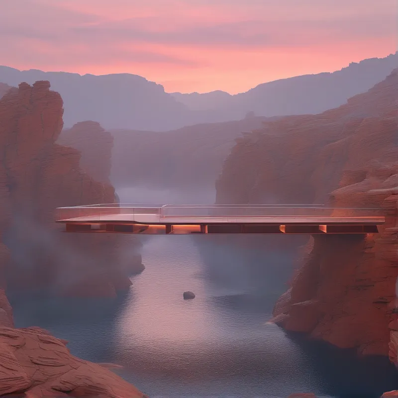 A transparent bridge spans a deep red gorge filled with drifting fog and calm water beneath a soft pink sky.